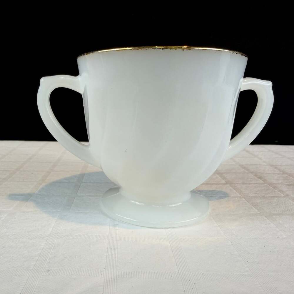 Fire King Golden Anniversary Milk Glass Gold Trim Sugar Bowl Footed Dual Handles